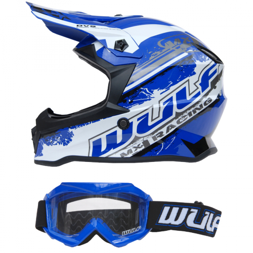 Wulf Kinder Cross Brille + Helm Off Road Pro L (51-52cm) blau Motorrad Quad Bike Enduro MX BMX Helm